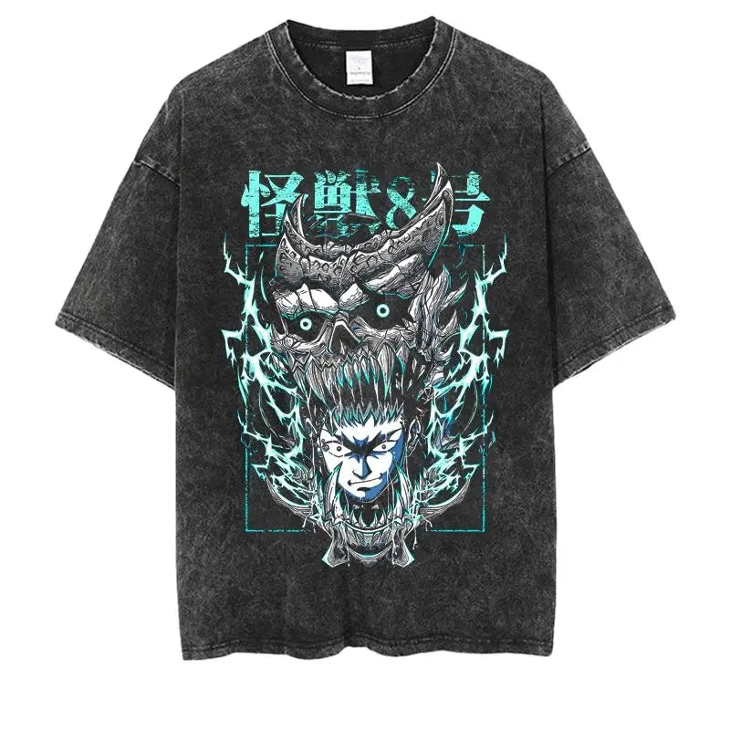 Kaiju No.8 Washed Vintage Short sleeved round neck Y2k Tshirt Men Clothing New in Top & Tees Mens T-Shirt  Camisetas 61378