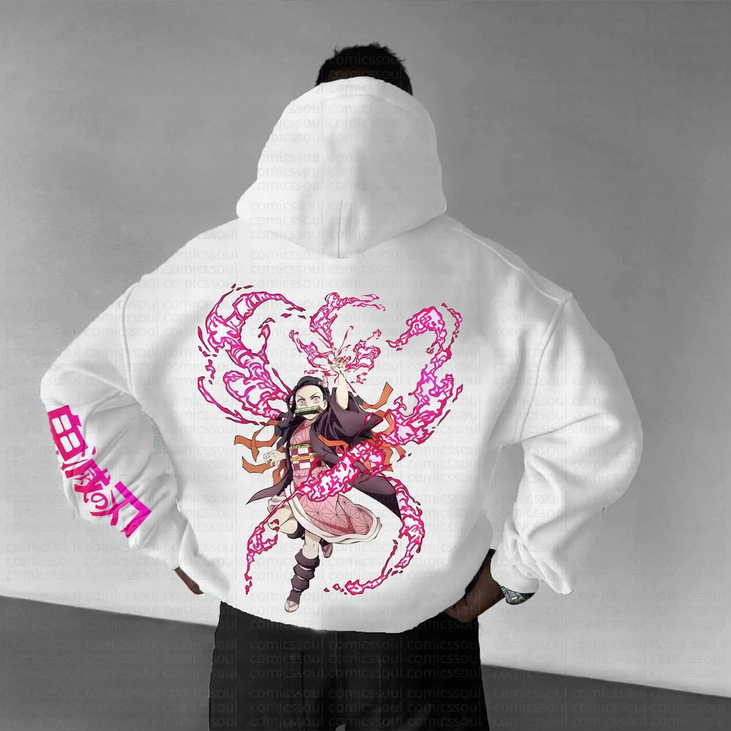 Demon Slayer Hoodie Set - Pink Flame Back Print Cotton