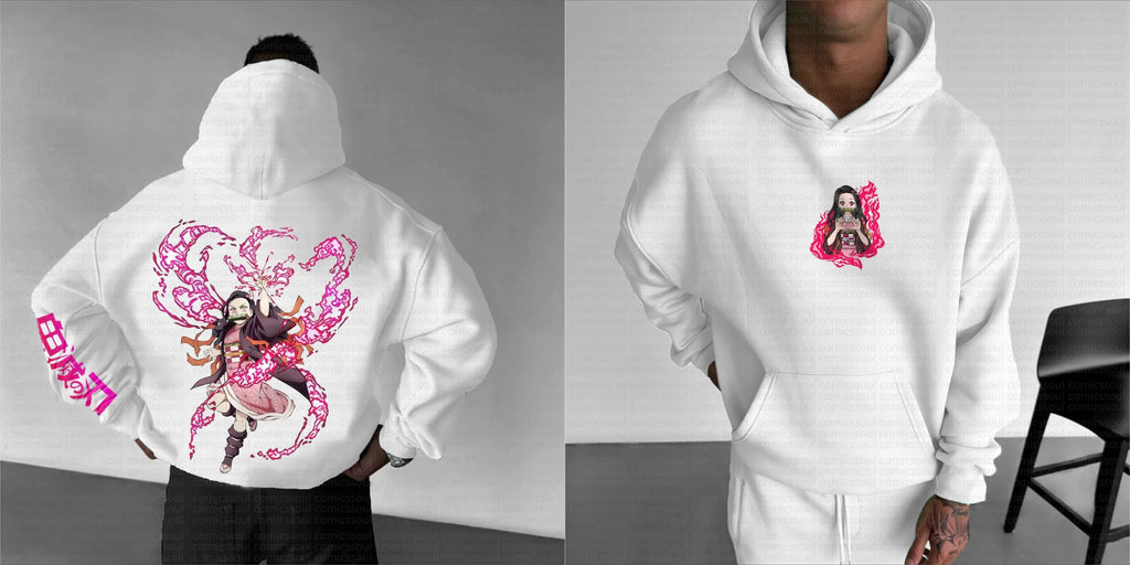 Demon Slayer Hoodie Set - Pink Flame Back Print Cotton