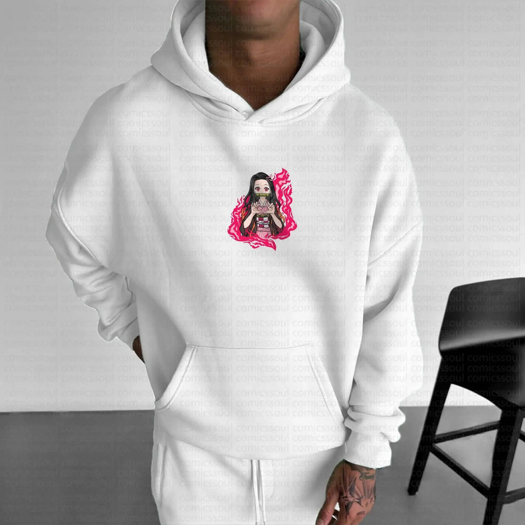 Demon Slayer Hoodie Set - Pink Flame Back Print Cotton